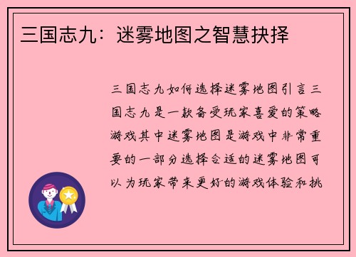 三国志九:迷雾地图之智慧抉择
